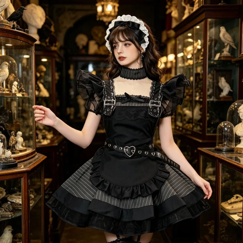 

New Subculture Black and White Striped Lolita Set, Sweet and Cool Retro Maid Style Apron Dress, Cosplay Daily Wear Short Skirt