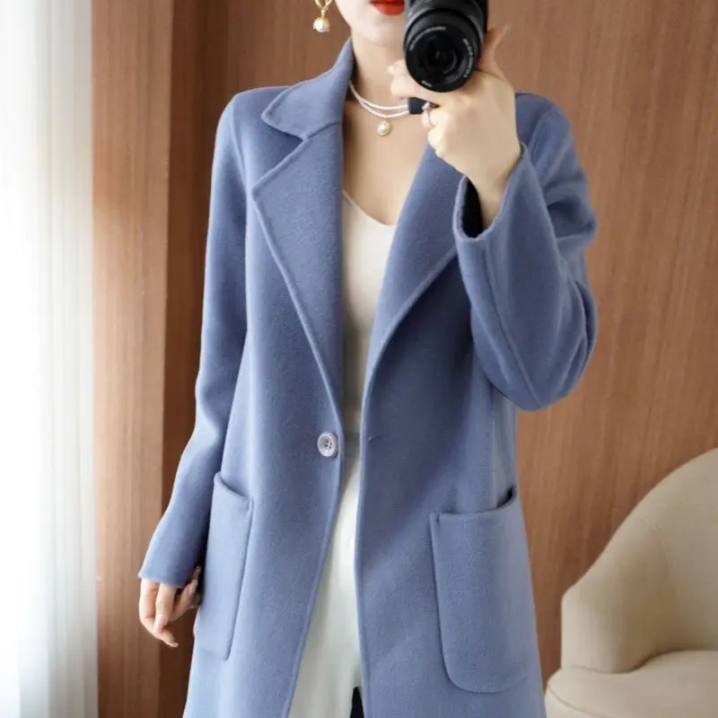 

2023 Winter New Women Elegance Pure Wool Reversible Cashmere Coat Female Fashion Casual One Button Slim Fit Long Woolen Outwea