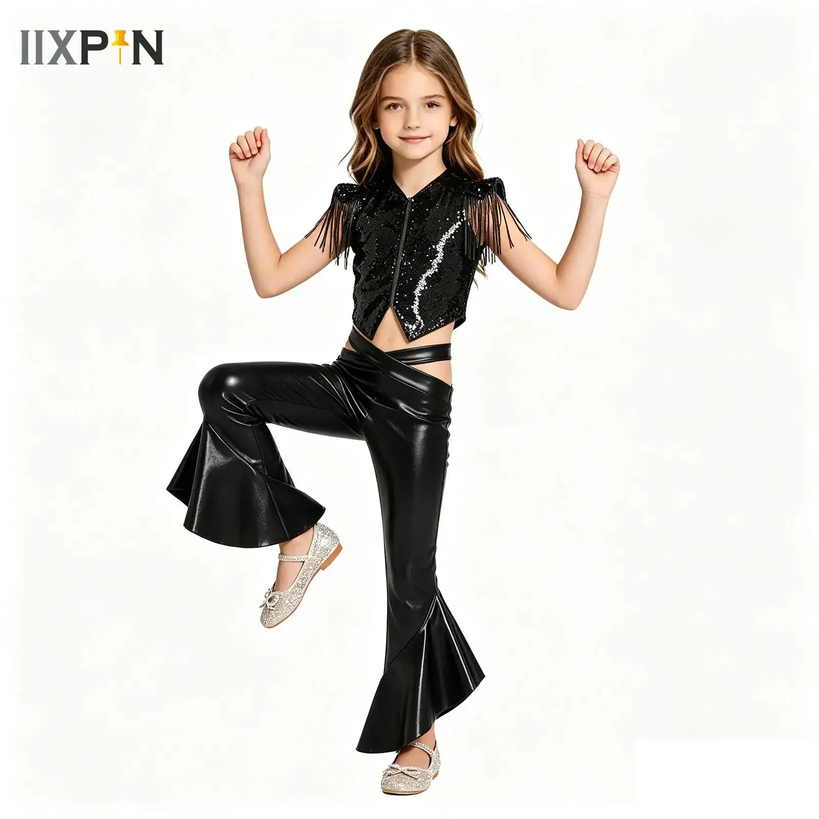 

Girls Metallic Shiny Hip-Hop Jazz Street Dance Suit Outfit Tassel Disco Vest with Pants for School Stage Performance Dancewear