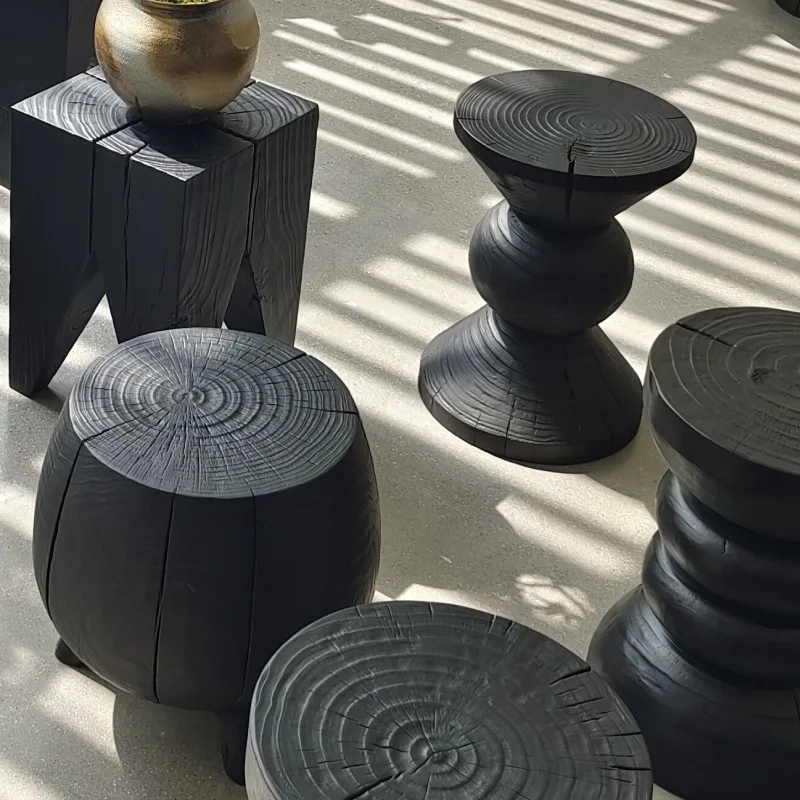 New Chinese Style Solid Wood Geometric Creative Design Wooden Stake Root Carved Stump Carbonized Black Stool Homestay Side Table