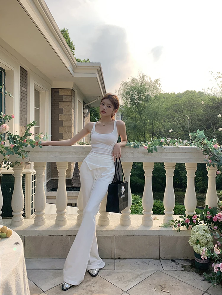 กางเกงขายาวผู้หญิงเอวสูงสีพื้นเรียบง่ายสไตล์ลำลองแฟชั่นฤดูใบไม้ร่วง