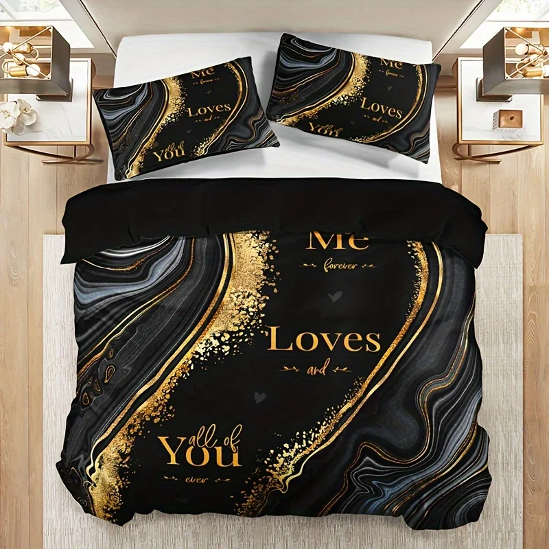 Couple Quicksand Texture Letter Duvet Cover Set 1 Duvet Cover With 2 Pillowcases High-Definition Print Bedding Set Room Decor