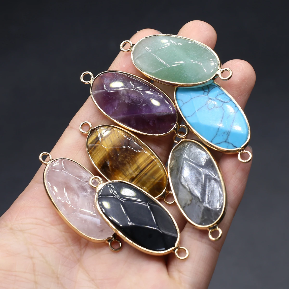 10PCS Wholesale Natural Stone Random Color Oval Connector Pendant 38x16mm Jewelry Making DIY Necklace Earrings Accessories Gift