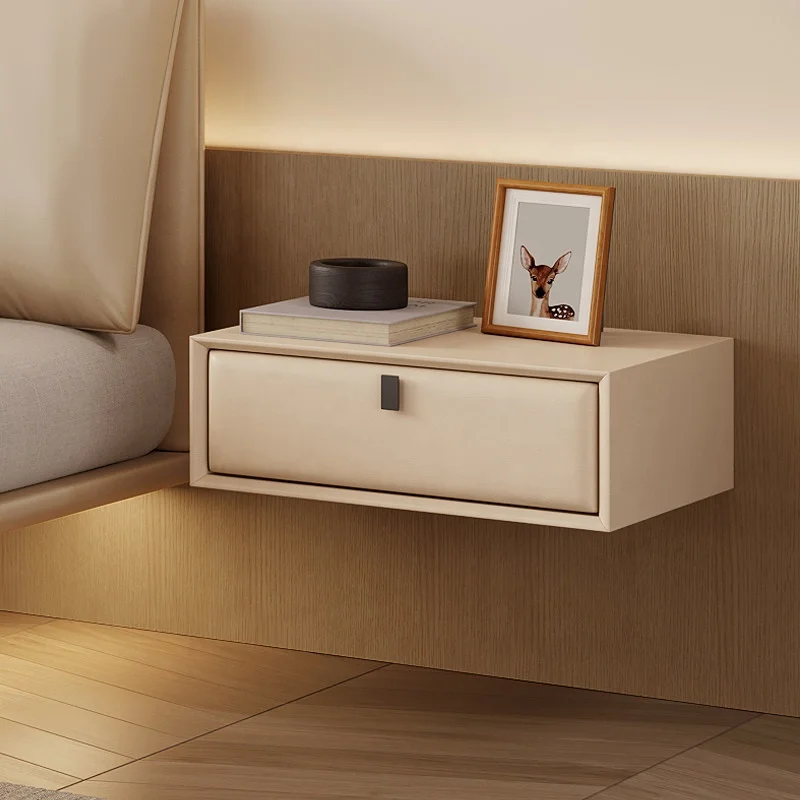 #Floating Bedside Table All Solid Wood Storage Cabinet Italian Minimalist Leather Nightstand For Nordic Small Apartment Bedroom