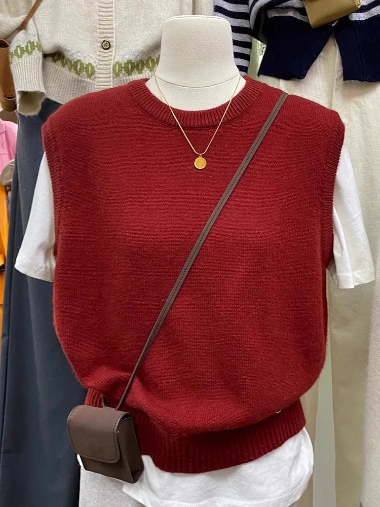 

Красный вязаный жилет с круглым вырезом для женщин, новинка, весенне-осенний модный повседневный свитер-поддевка