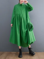 2024 Spring Autumn Green Pleated Floral Shirt Dresses For Women Long Sleeve Loose Casual Vintage Dress Fashion Elegant Clothing