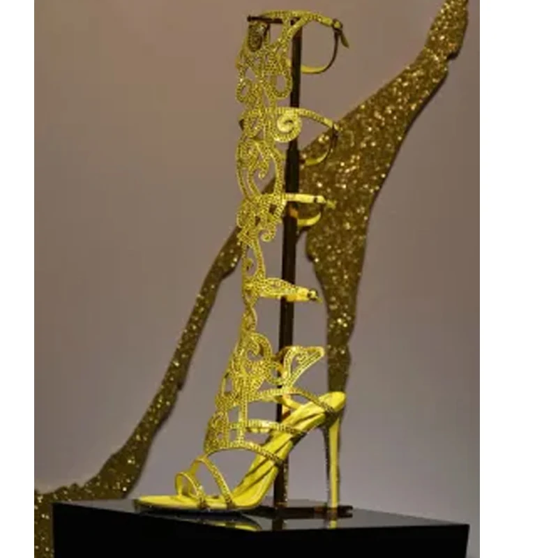 Rhinestones Gladiator Strappy Knee Length Stiletto Sandals Woman Summer 2026 Sexy Crystal Beaded Hollow High Heel Roman Shoes