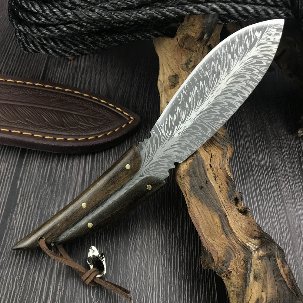 

5Cr13Mov Retro Feather Pattern Sharp Tactical Knife Outdoor Hunting Straight Knife New Survival Camping Tools Walnut Wood Handle