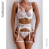 Tornova-Conjunto de lencería Sexy de 4 piezas para mujer, ropa interior calada de encaje de Color sólido con realce, perspectiva Sexy de malla y encaje, nuevo