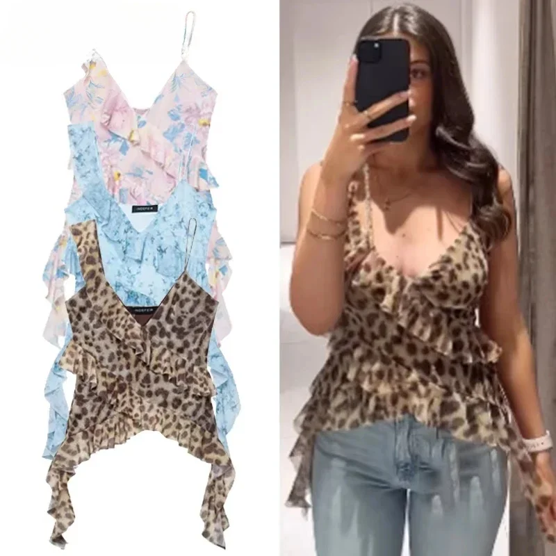 

Leopard Mesh Top Women Tanks & Camis Summer 2025 Sexy Layered Sleeveless Tops For Woman Ruffled Backless Tulle Camisole 066