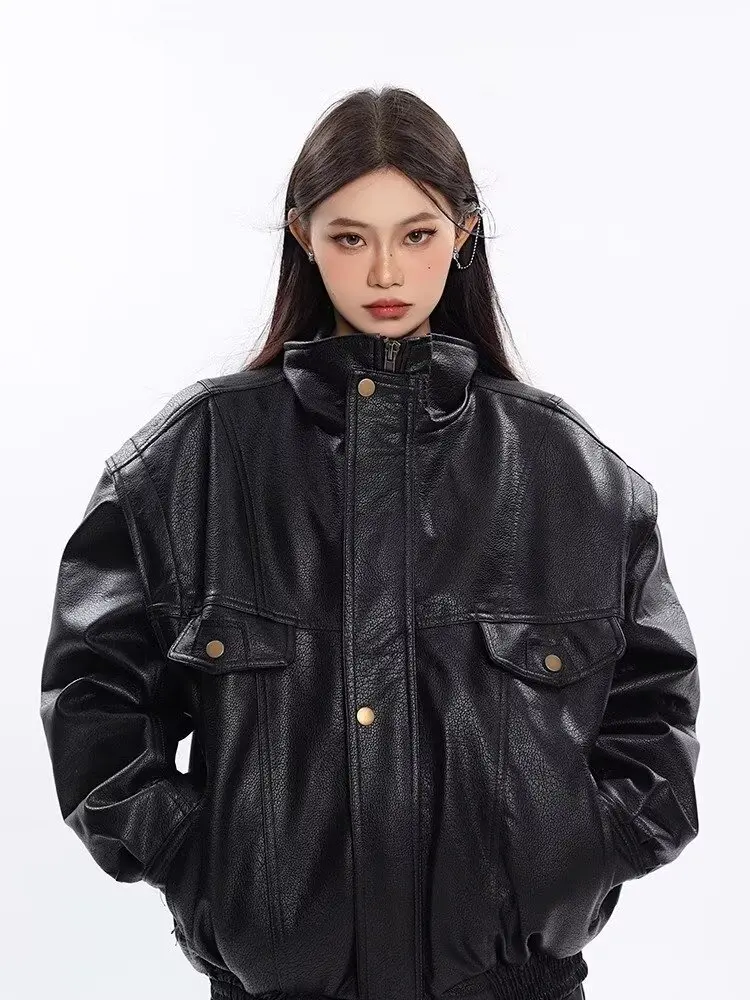 Vintage Pu Leren Jas Vrouwen Oversized Moto Biker Jas Herfst Windjack Koreaanse Stijl Dikke Zwarte Motorjas