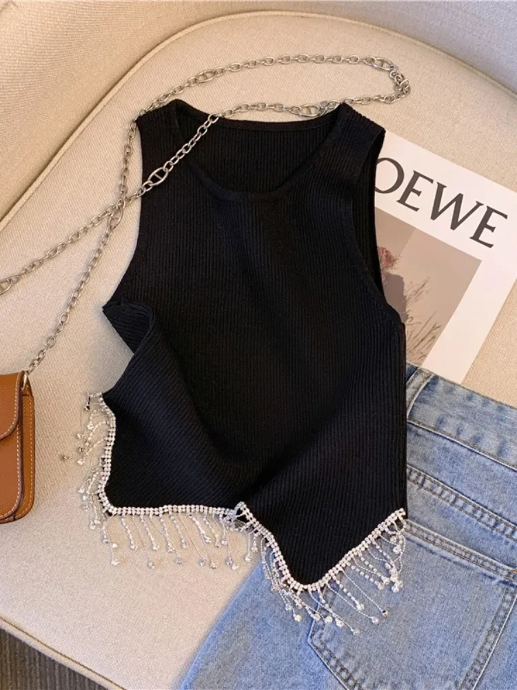 2026 Summer Tassel Tank Tops Women Sexy Sleeveless Camisole Tube Crop Tops Female Diamond Short Camis Tank Slim Crop Vest Tops