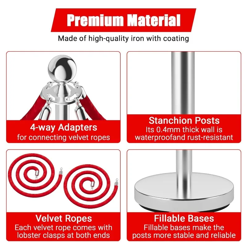 دعامة التحكم في الحشود، حواجز أمان للحبل مع حبل أحمر بطول 5 أقدام، أقطاب السجادة الحمراء للمسرح والفنادق وحفلات النوادي، 8 قطع
