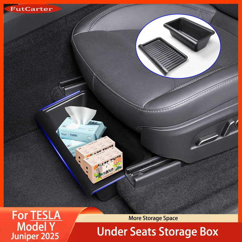 For Tesla Model Y Juniper 2025+ Under Seat Storage Box Drawer Holder TPE Hidden Storage Tray Push Pull Car Organizer Accessories