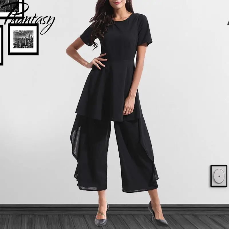 Phantasy Fashion Office Lady Jumpsuit Elegant Slim Wide Legs Jumpsuit Women Black Bodysuit Short Sleeve Romper Casual Streetwear