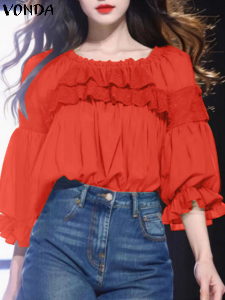 

VONDA Solid Color Women Blouse Elegant Ruffled Tops 2025 Summer Puff Sleeve Shirts Casual O-Neck Blusas Oversized Tunic Female
