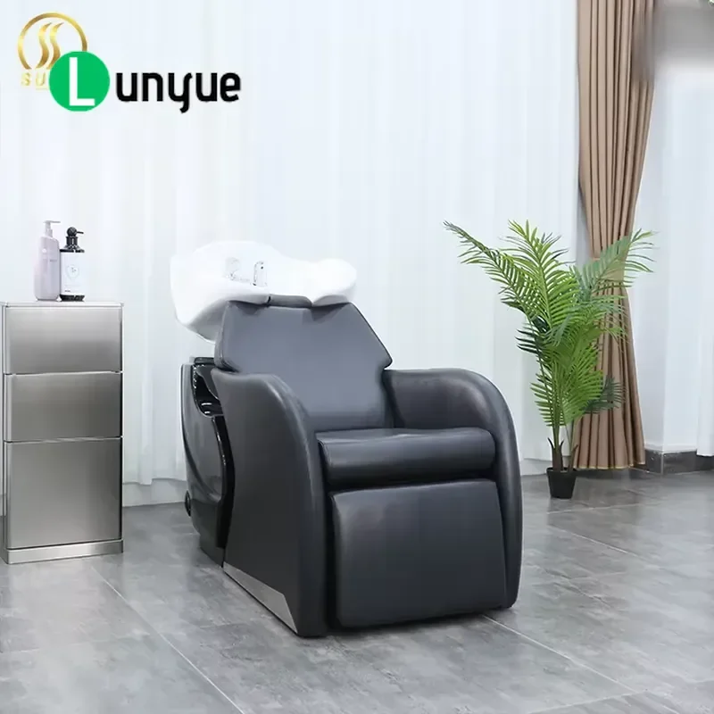 Modern Multifunctional Split Shampoo Chair Black PU Leather Fiberglass Head Basin for Beauty Hair Washing Station