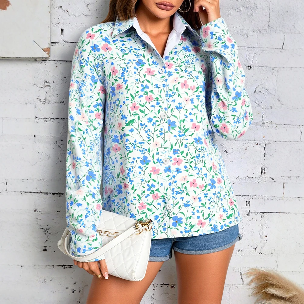 

Mia Muse 2025 Women's Shirts Autumn Modest Fashion Floral Full Print Long Sleeve Shirt Collar Button Front Vacation Shirts