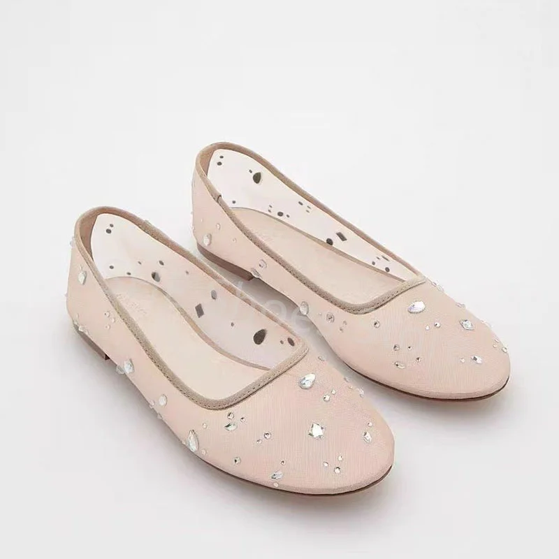 

Summer Breathable Mesh Rhinestones Round Toe Mary Janes Shoes for Women Fashion Shallow Slip-On Flats Ladies Leisure Pumps