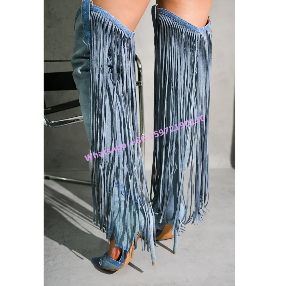 

Fringe Denim Blue Boots Crystal Border Peep Pointy Toe Hollow Thin Heels Side Zipper Sandals Spring Fall Fashion Vocation Shoes