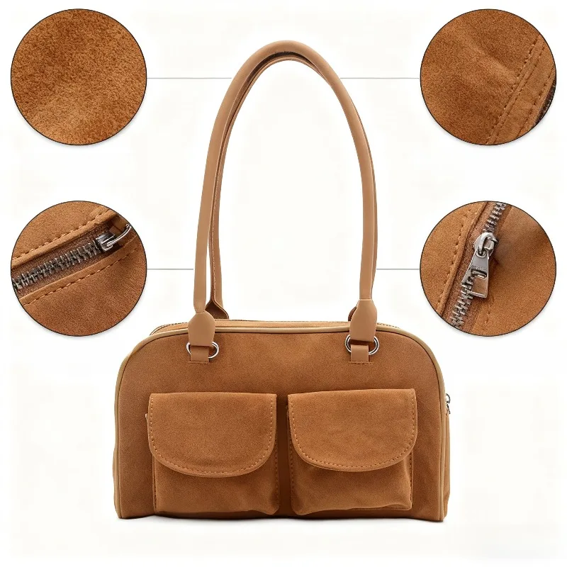 Vintage Suede Shoulder Bag with Double Pockets Retro Style Top-Handle Bag Women's Casual Handbag for Daily Wear