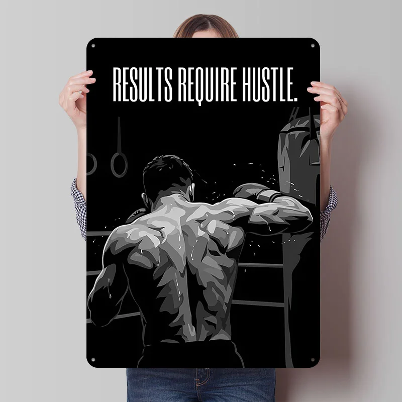 Results Require Hustle Boxing Gym Metal Poster Custom Wall Art Retro Vintage Tinplate Signs for Man Cave Home Decoration Luxury