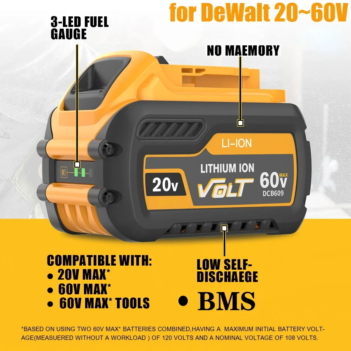 Batterie lithium-ion pour Dewalt FLEXVOLT, 20V, 60V MAX, 12Ah, DCB609, DCB606, DCB612, DCB609, DCB205, DCB200, DCB182