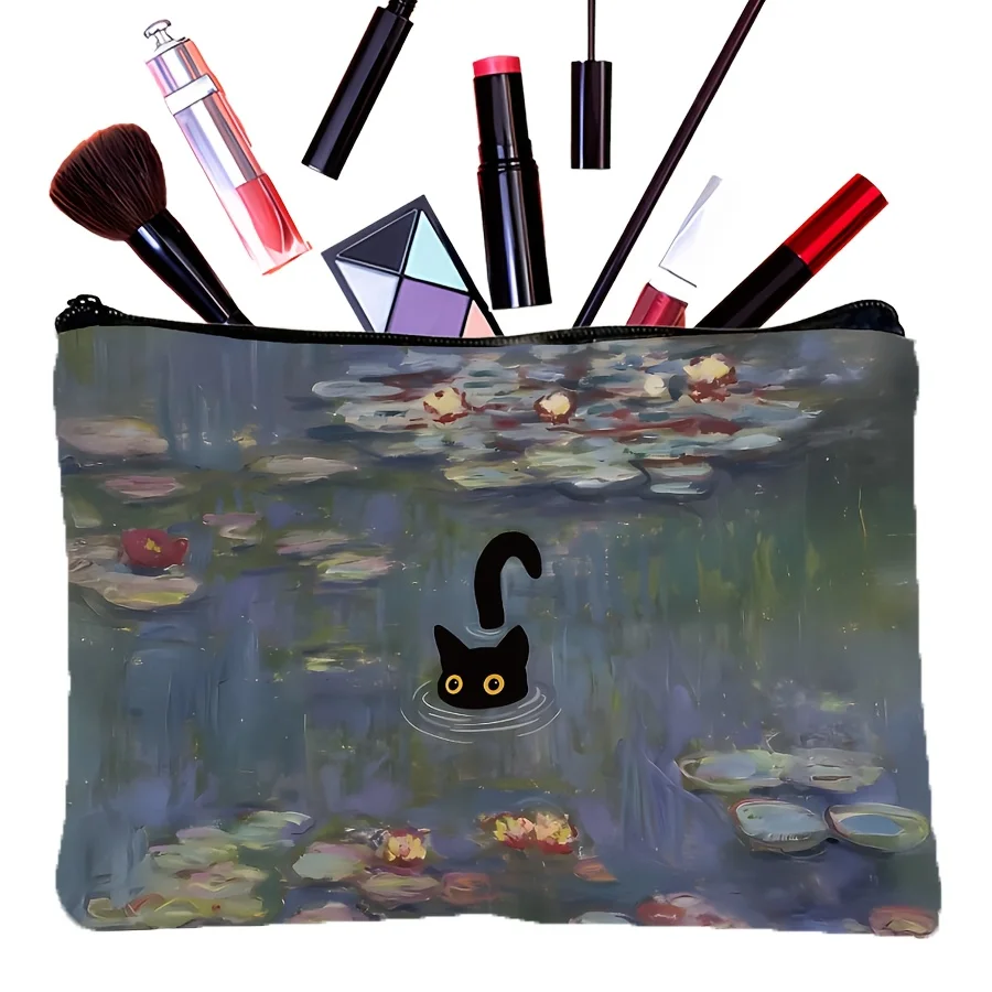 حقيبة مستحضرات التجميل على شكل زنابق الماء والقطط السوداء - تصميم فني مستوحى من مونيه - هدية مثالية للنساء المحبوبات والخواتمين والهدايا لمحبي القطط