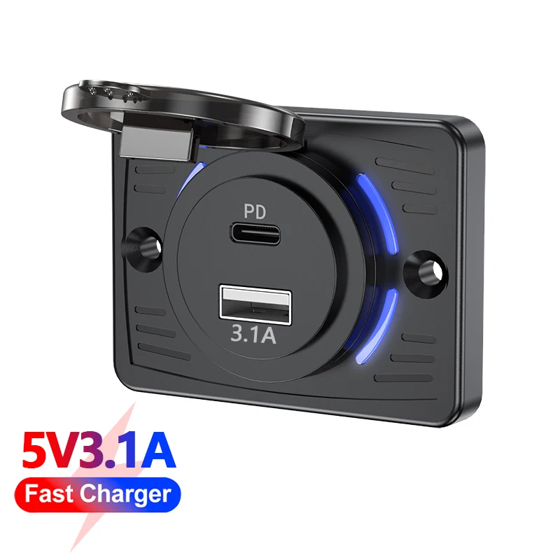 12/24V Car Charger Socket Waterproof Dual PD Dual QC3.0 Type-C Quick Charge With Sliding Cover for Cars Boats Buses RVS