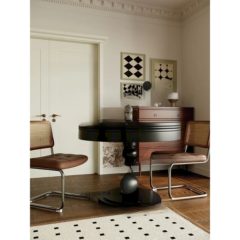 French small apartment household retractable black deformed round dining table