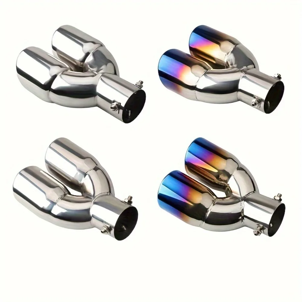 

General Dual Pipe Automotive Exhaust Pipe Silver Blue Stainless Steel Rear Silencer Tip Tailpipe Automotive External Accessories