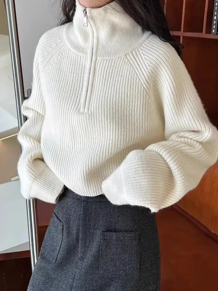 

Korean Retro Design Long Sleeve Solid Christmas Red Jumpers 2025 Zipper Sweaters Women Vintage Loose Cropped Knitted Pullovers