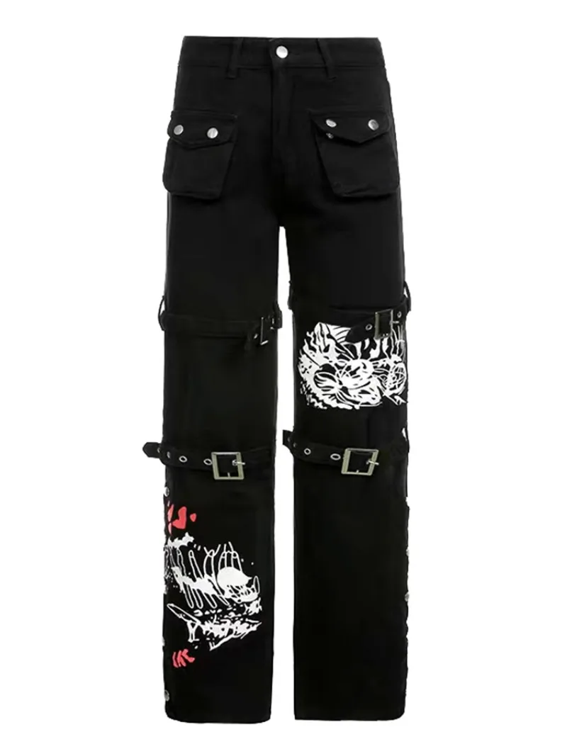 Otoño Punk nuevo suelo europeo y americano Cool Y2K pantalones de calle millenaria versátil negro oscuro pantalones casuales de moda mujeres