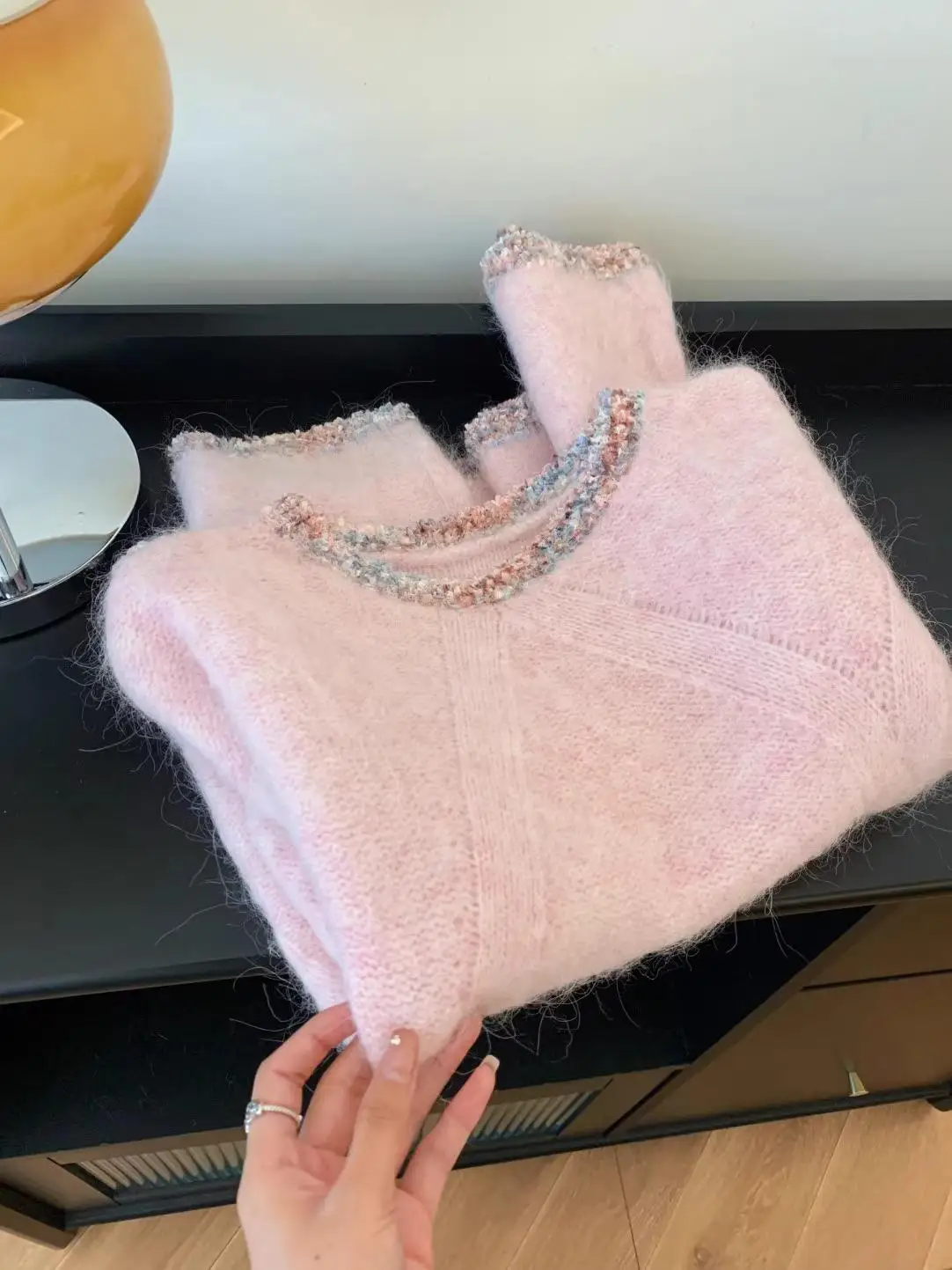 

Розовый свитер с круглым вырезом для женщин, весна-осень, новый дизайн сращивания, свободный стиль, мягкий вязаный пуловер с длинными рукавами