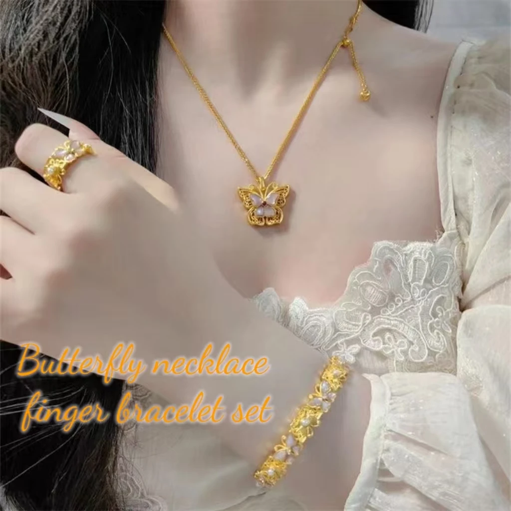 

Spring - limited! The Floral Butterfly Jewelry Set with Pink Shell - inlaid Collarbone Chain