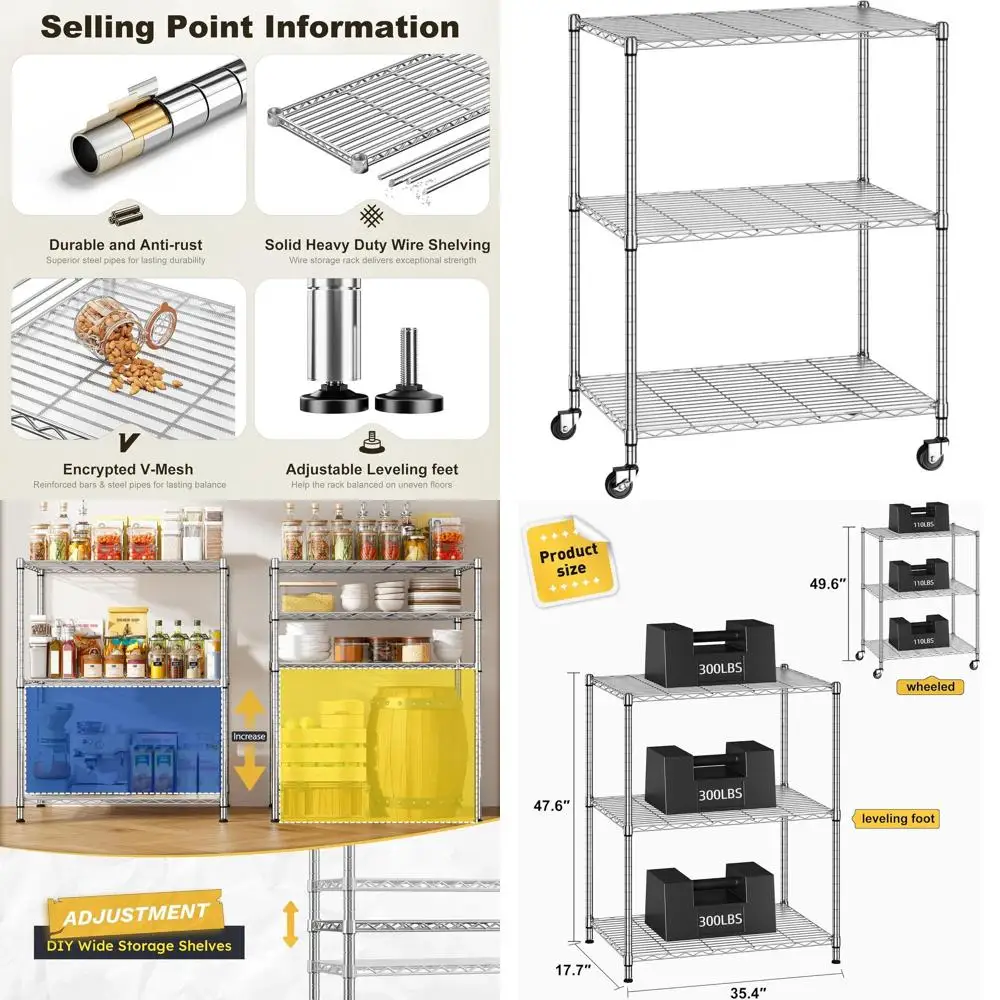 

Регулируемый 3-ярусный металлический стеллаж на колесиках, подходит для гостиной, гаража, кухни, офиса, прачечной и кладовой, 18x36