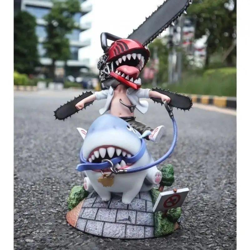 24Cm Japanese Anime Chainsaw Man Figure Denji Riding A Shark Q-Version Pvc Action Figures Model Cute Desktop Decoration Toy Gift