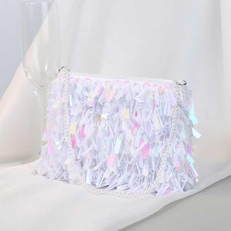 Vintage Silver Hand Beading Sequined Bags Evening Party Clutch Purse Versatile Handbags with Beaded Handle Chain Shoulder Bags