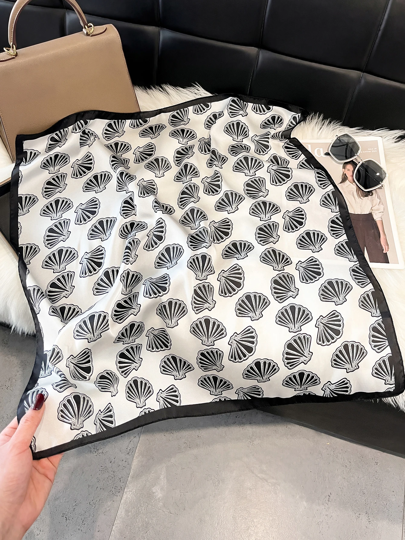 Seashell Print Satin Square Scarf 70x70cm, Women Fashion Neck Scarf, Versatile Headband Bag Ribbon Gift for Ladies
