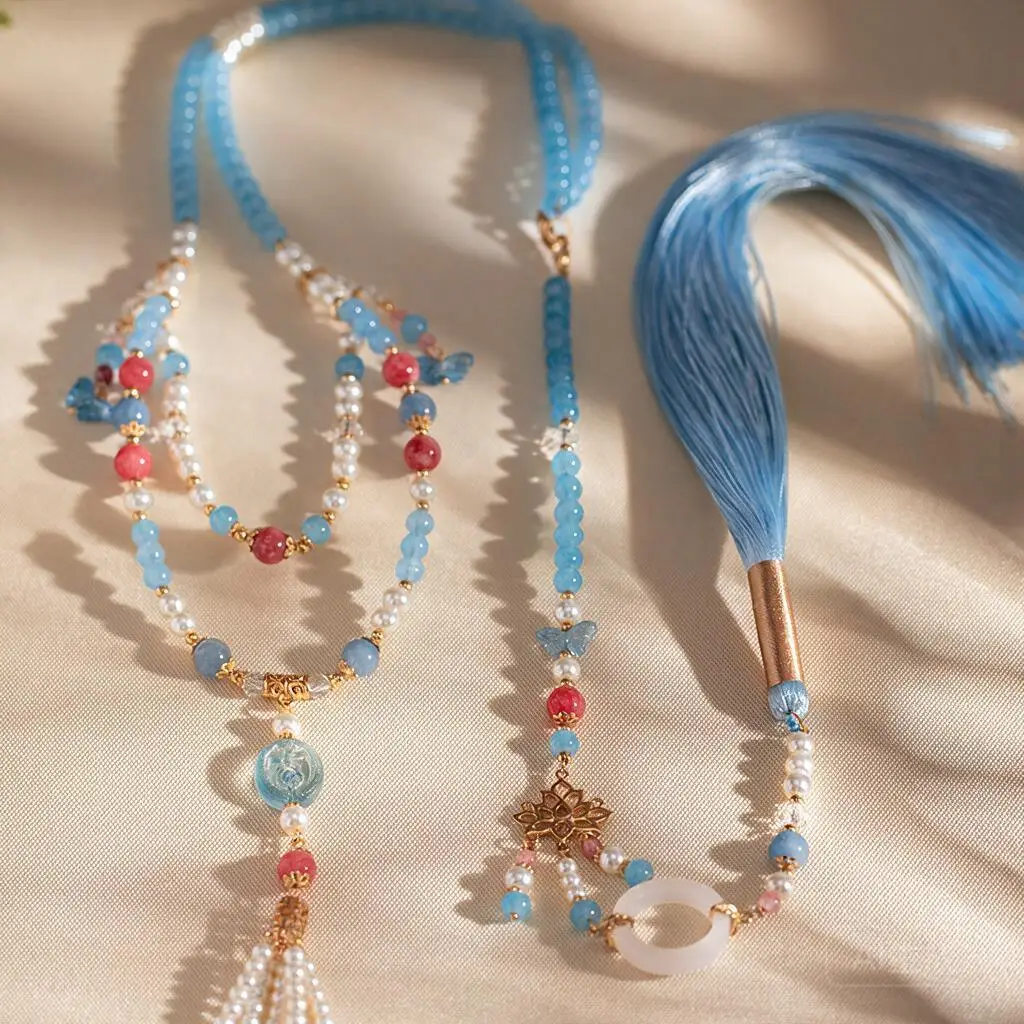 Blue Chinese Style Beaded Long Tassel Necklace For Hanfu Horse Face Skirt Qipao Ming Back Pendant New Traditional Women Jewelry