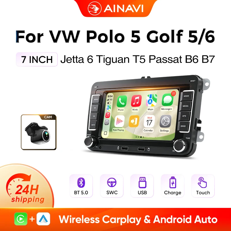 Autoradio AINAVI CarPlay Android Auto pour système VW MP5, écran 7 pouces, USB, FM/AM, RCA, RDS, lecteur multimédia