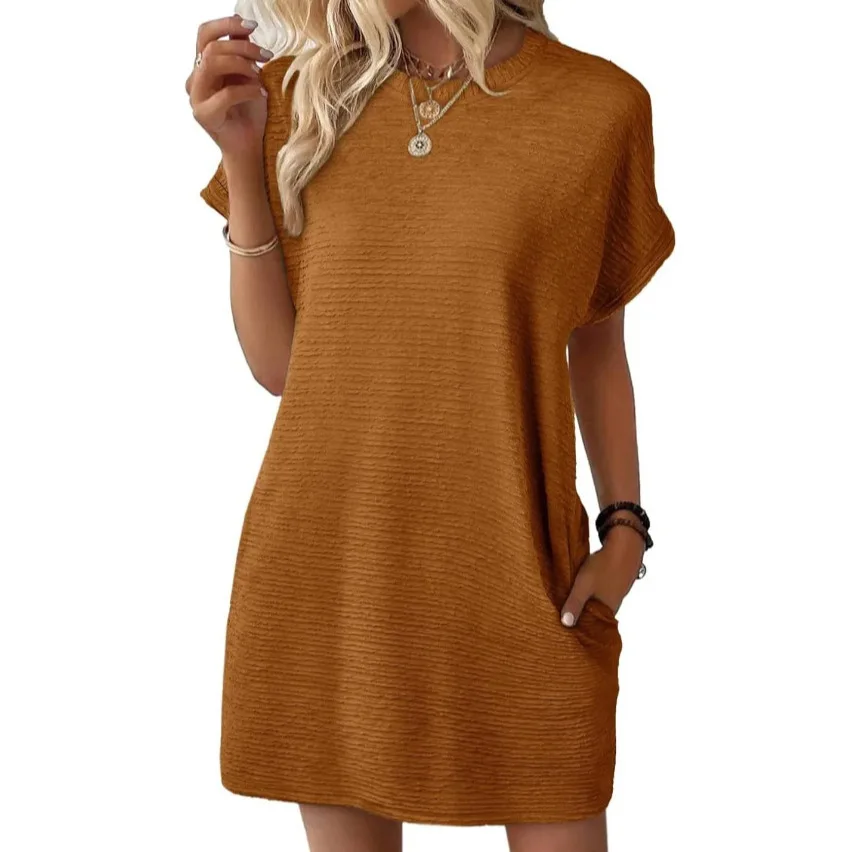Summer 2025 Fashion Knitted Solid Color round Neck Pocket Short Sleeve Dress Loose Fit European Style Casual Dress