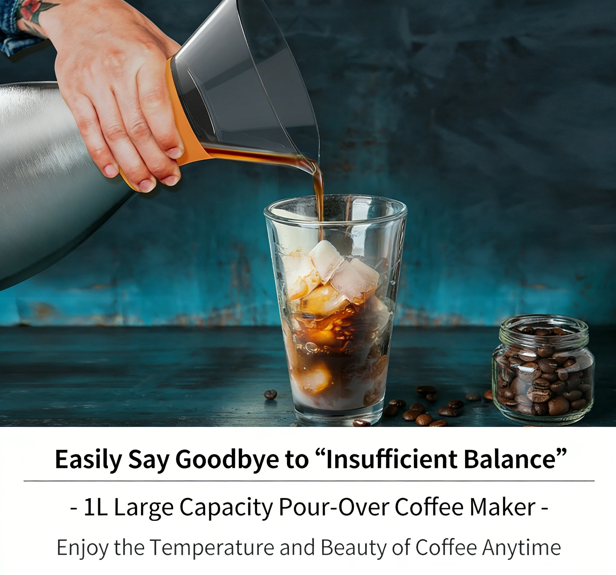 Insulated Pour Over Coffee Maker 1L Stainless Steel Hand Brew Coffee Pot 12H Heat Retention Portable Stylish Design for Home Off