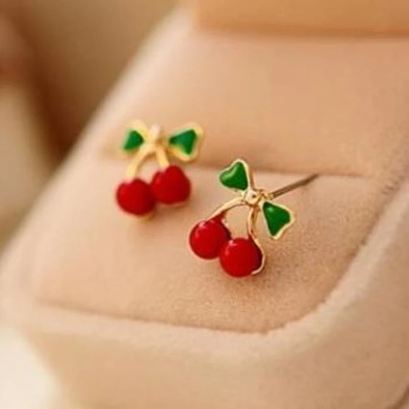 Fashion Cherries Earrings Sweet Crystal Earring Red Style Metal Stud Leaf Earrings For Women Jewelry wholesale