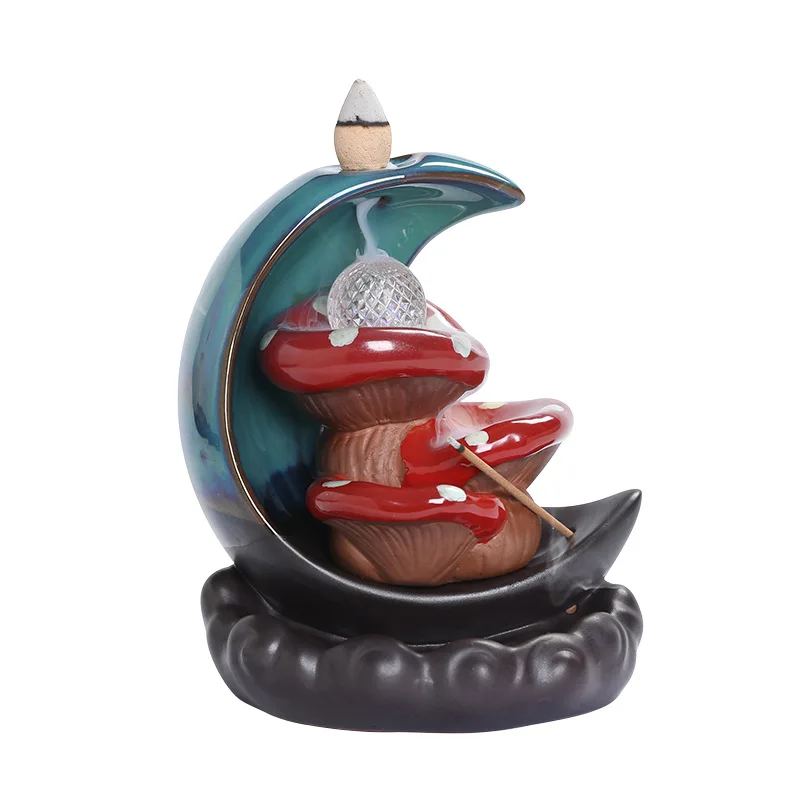 Ceramic Handicrafts Led Mushroom Moon Type Backflow Incense Stick Holder Censer Home Ornament