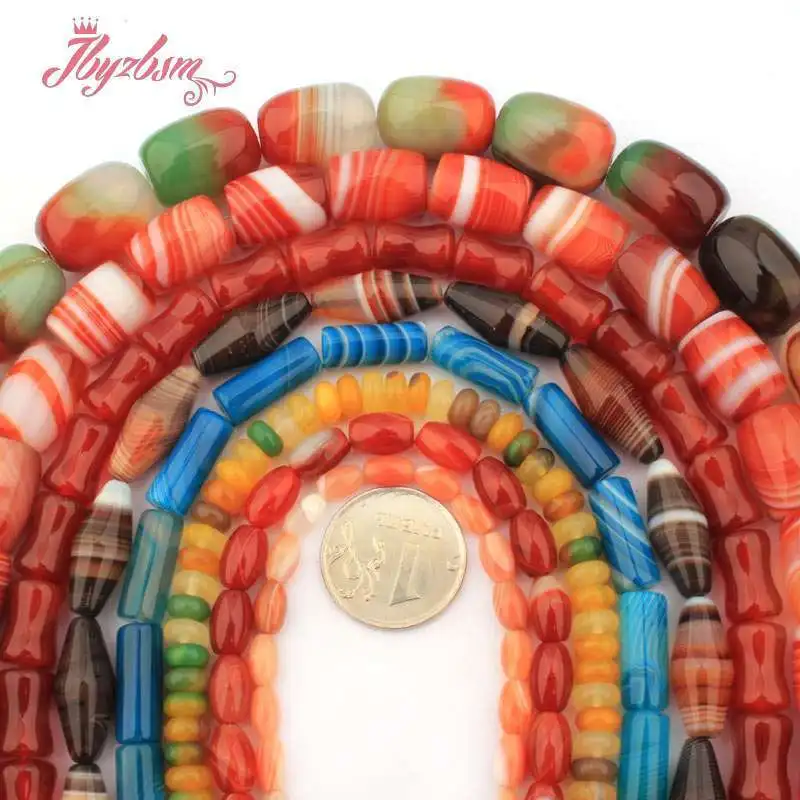 Agates ลูกปัดสีแดงสีเขียวสีฟ้าคอลัมน์รูปไข่ Agates หินธรรมชาติ Spacer ลูกปัดสําหรับ DIY ผู้หญิงผู้ชายสร้อยคอสร้อยข้อมือเครื่องประดับ 15"