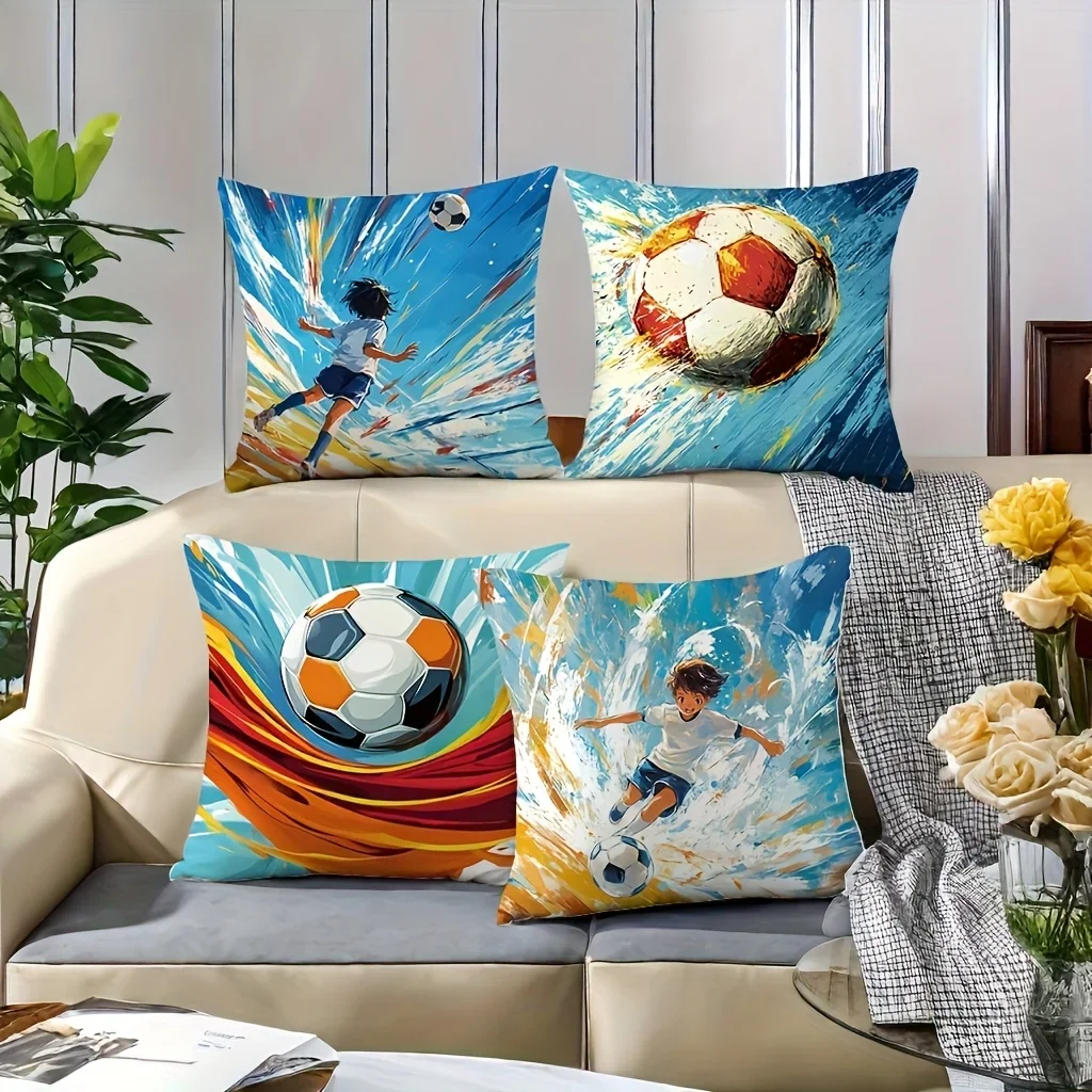Vibrant Soccer Action Throw Pillow Covers Set - Dynamic Football Game Scene for Sports Fan Decor