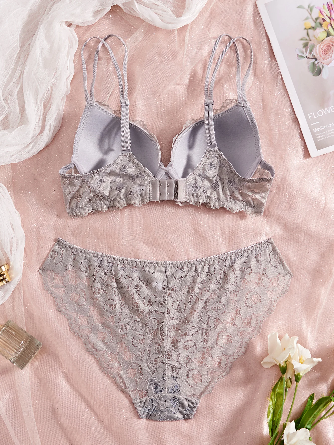 Sexy Dessous-Set für Damen, Spitze, Patchwork, einfarbig, mit Schleife, Strasssteinen verziert, Push-up-Effekt, doppelte Träger, ungefüttert, bequeme Unterwäsche, Spitze, halbtransparent, atmungsaktive Unterhose. – Detail 28