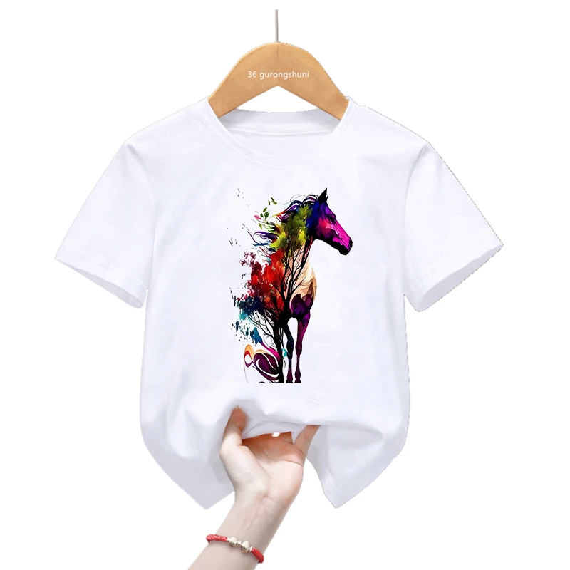 

Watercolor Horse Animal Printed T Shirt Girls Harajuku Kawaii Kids Clothes Summer Fashion Short Sleeve T-Shirt