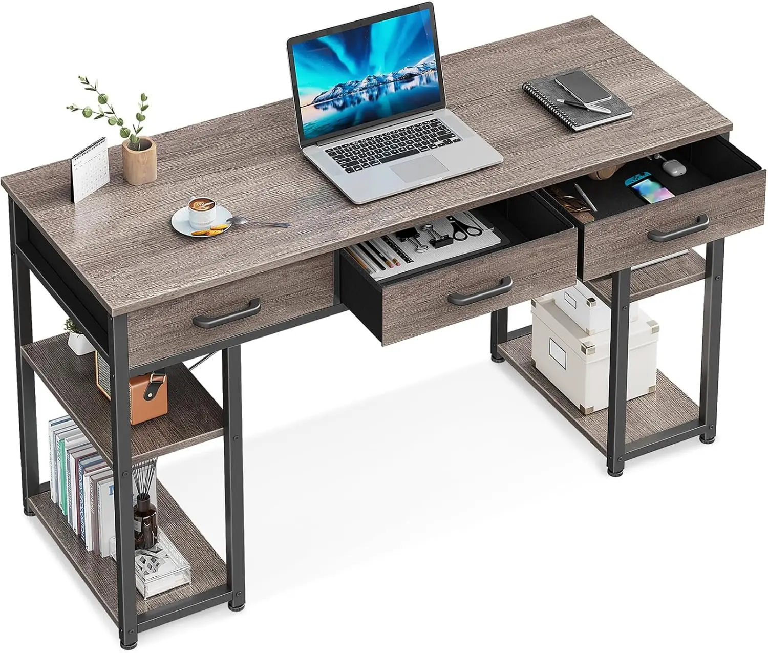 

Office Small Computer Desk: Home Table with Fabric Drawers & Storage Shelves, Modern Writing Desk, Grey Oak, 48"x16"
